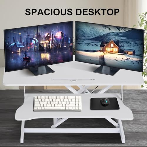 38-inch Standing Desk Converter Height Adjustable Sit to Stand Up Workstation, Duals Monitor and Laptop Riser with Wide Keyboard Tray, for Home, School, Company, White