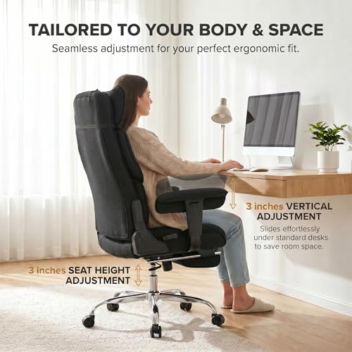 mokodo Big and Tall Office Chair 400lbs, Breathable Fabric Executive Desk Chair with Pocket Spring Cushion, 155° Reclining Computer Chair with Integrated Headrest & Lumbar Pillow (Black)