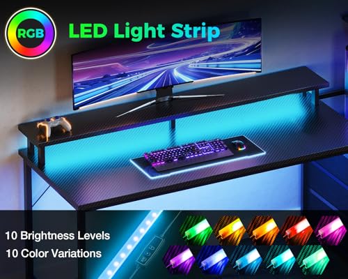 AODK 59 Inch Gaming Desk with LED Light- Reversible Computer Desk with Storage Shelves & Monitor Stand, Modern Gamer Desk Table with Fabric Drawers, Black