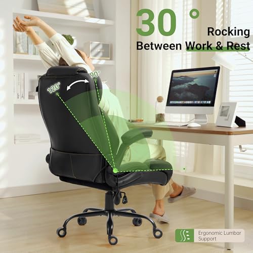 BLISNEST Office Chair, Big and Tall Executive Chairs with Lumbar Support for Back Pain, Breathable Desk Computer Chair with Adjustable Flip-up Armrests, Wide Cushion Swivel Home Office Chair Black PU
