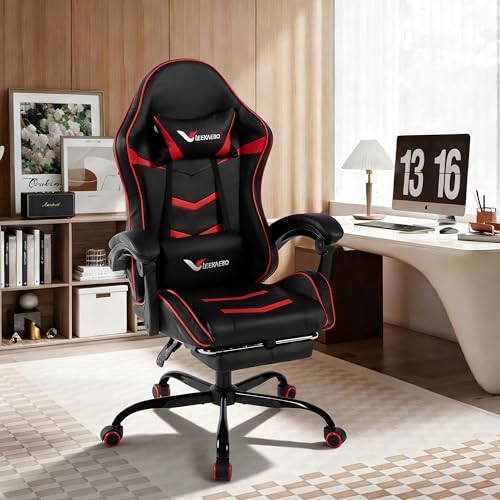 Gaming Chair for Adults, Ergonomic Gamer Chair with Footrest, Spring Pocket Cushion, Computer Office Desk Reclining Chair with Enlarged Metal Base, Linkage Armrests, Lumbar & Headrest (Black & Red)