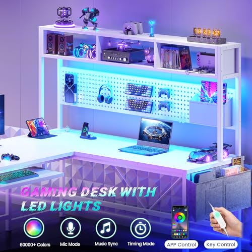 SEDETA White L Shaped Gaming Desk, Reversible Corner With Power Outlet and Pegboard, Hutch, Storage Shelf, Keyboard Tray, and LED Lights for Home Office