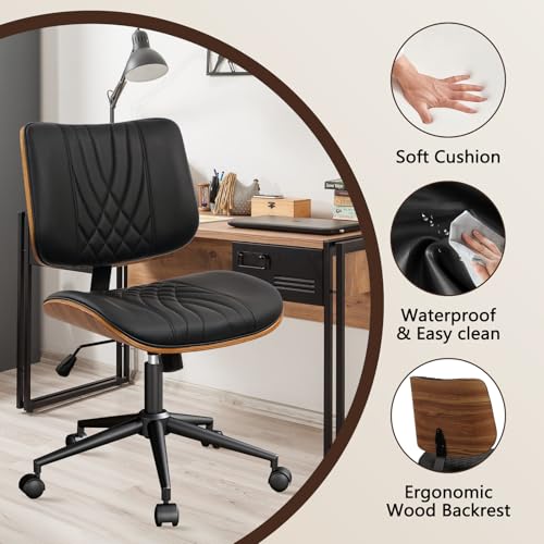 CLATINA Armless Home Office Chair, Desk Chair with Wheels, Adjustable Height Reading Chair, Leather Mid Back & Swivel Computer, Modern Walnut Chairs with Back for Study Meeting Room(Black) 4Pack