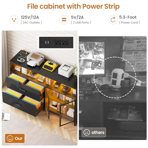 SEDETA 59" File Cabinet, 2 Drawers Filing Cabinets for Home Office fit Legal/Letter/A4 File, File Cabinet with Lock & Power Outlets, Printer Stand with Storage & LED Lights, Black