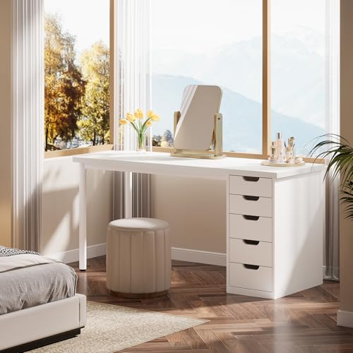 Tribesigns Modern Simple Computer Desk, 47 Inches PC Desk with 5 Reversible Drawers, Rustic Brown Study Writing Table Workstation for Home Office Small Spaces (All White)