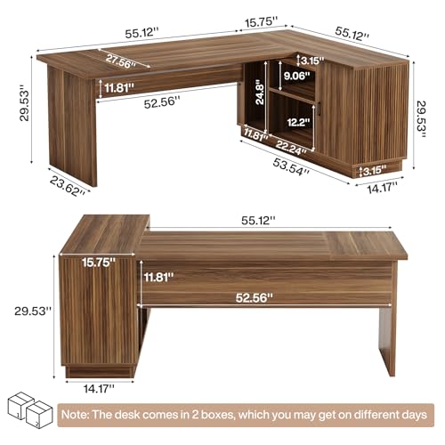 Tribesigns 70.8-Inch Executive Desk, L-Shaped Desk with with File Cabinet, Large Modern Office Desk with Storage Shelves, Fluted Business Furniture Workstation for Home Office, Walnut Brown