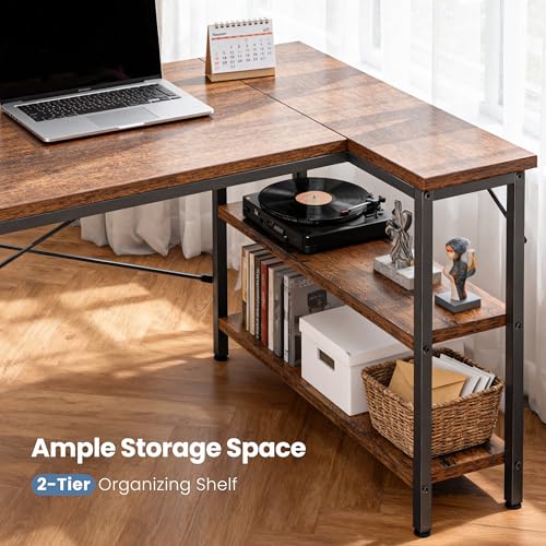 DUMOS L Shaped Desk 55 Inch Computer Desk Gaming Furniture Corner Desks Home Office PC Table with Reversible Storage Shelves for Writing Working Study Bedroom Dorm, Rustic Brown