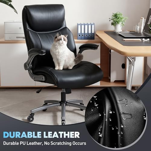 MALOL Ergonomic High-Back Executive Office Chairs, Heavy Duty Home Computer Chair with Lumbar Support, Flip-Up Arms, and PU Leather Upholstery, Black