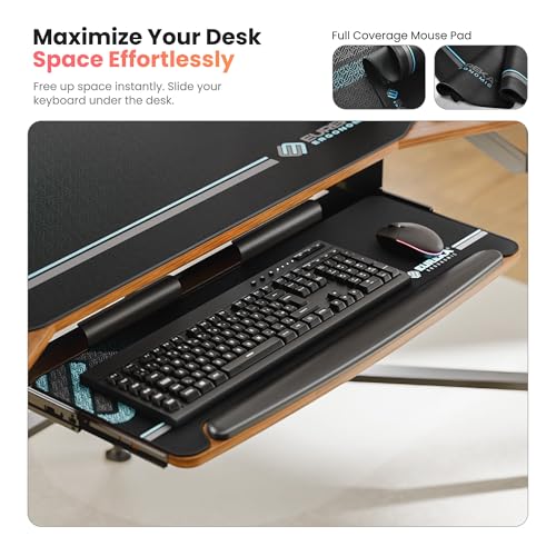 EUREKA ERGONOMIC 72" Gaming Desk W Keyboard Tray, Wing-Shaped Music Studio Desk, Large Computer Table W LED Convertible Monitor Stand Dual Headphone Hanger for Recording Live Streamer, Walnut Wood