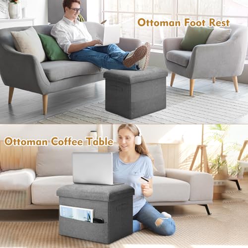 Storage Ottoman with Extra Thick Foam Padded Seat, Foldable Foot Rest Stool with Linen Fabric, 43L Ottoman with Storage Bench for Bedroom Living Room, Holds Up to 300lbs, 17x13x13in, Dark Gray
