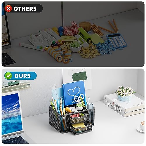 Marbrasse Mesh Desk Organizer, Pen Organizer with 2 Drawer, Multi-Functional Pencil Holder, Desk Organizers and Accessories with 5 Compartments + Drawer for Office Art Supplies (Black)