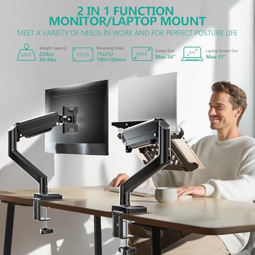 WALI Laptop Desk Mount, Single Monitor Arm with Laptop Holder, Adjustable Height Laptop Arm Mount for Desk, Fits 17” Notebook and 34” Monitors, Up to 22-26.4Lbs (GSMP001LPN), Black
