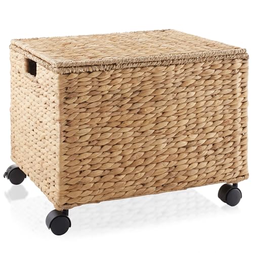Casafield Rolling Filing Cabinet, Natural - Water Hyacinth File Organizer with Lid and Locking Wheels, Home Office Storage for Hanging Folders