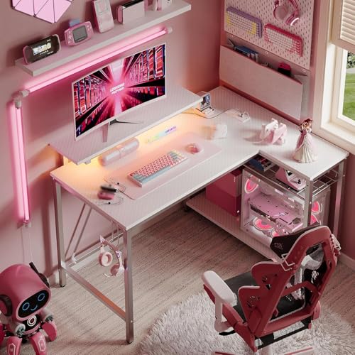 Bestier White Computer Desk with Charging Port & LED Strip,42 inch Modern Gaming Desk with Reversible Storage Shelves,Small L Shaped Desk with Hooks for Home Office