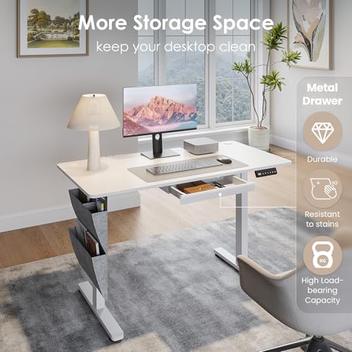 DSNAPE 48" x 24" Electric Standing Desk with Drawers, Height Adjustable Sit Stand Desk with 3 Preset Heights Side Hook Storage Pocket Cable Clips Ergonomic Rising Home Office Computer Table, White
