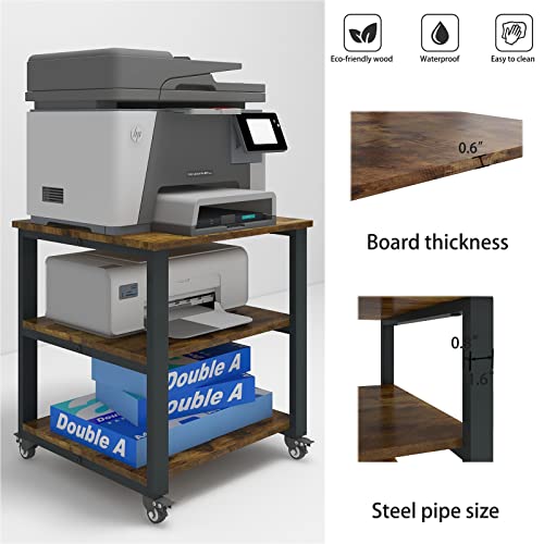 Natwind 3-Tier Laser Printer Cart,19.7''x19.7''x22.6'' Large Machine Stand,Heavy Duty Rolling Table with Storage,Floor-Standing Rack on Wheels,Paper File Organizer Shelf for Home Office (Retro)