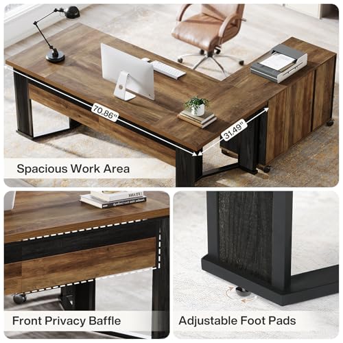 Tribesigns 70.86" Executive Desk with Mobile File Cabinet, Large L Shaped Computer Office Desk with 2 Drawers and Storage Shelves, Business Furniture Desk Workstation for Home Office (Rustic Brown)