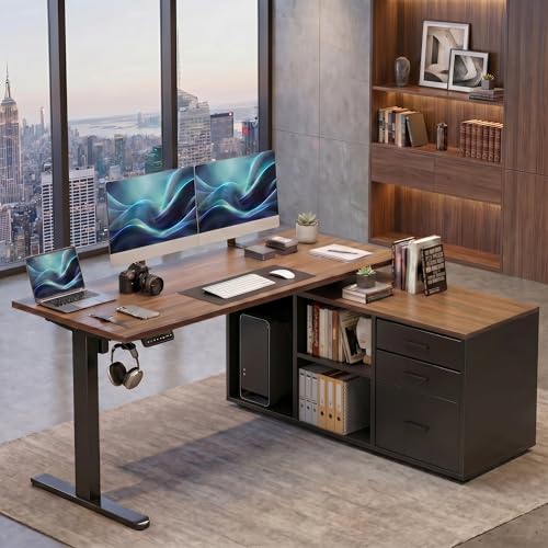 HUANUO 55 Inch L Shaped Standing Desk with Drawers, Electric Executive Desk with File Cabinet Sets, Adjustable Height Stand Up Desk, Home Office Computer Desk with 4 Memory Presets, Walnut