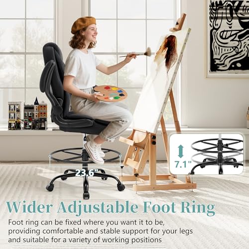 Ergonomic Drafting Chair, Tall Office Chair for Standing Desk, High Back Standing Desk Chair with Flip-Up Armrest, Adjustable Height&Foot Ring, Executive PU Leather Extended Height Office Chairs,Black