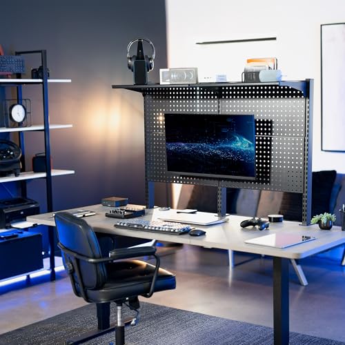 VIVO Steel Triple Clamp 47 x 31 inch Desk Pegboard System with 2 Monitor Mounts and Storage Shelf, Fits up to 32 inch Screens, Office Accessory Organizer, Black, PP-DK48SB
