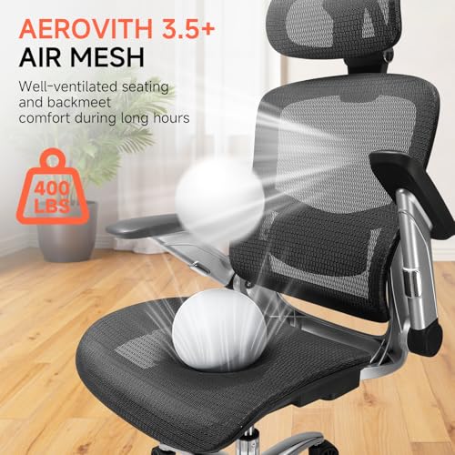 GTPLAYER Big and Tall Ergonomic Mesh Office Chair, High Back Home Desk Chair Computer Gaming Chair with Headrest, Flip-Up Arms, 90-125° Tilt Lock and Wide Cushion, Task Chair for Man Woman-Deep Black