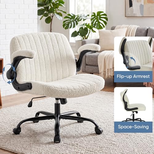 DUMOS Criss Cross Home Office Chair with Wheels, Wide Cross Legged Desk Vanity Chair Comfy Fabric Flip-Up Armrests Adjustable Swivel Chairs for Home Computer Bedroom, Creamy White