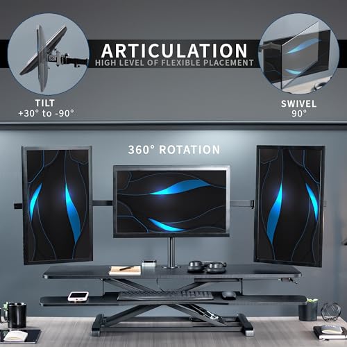 VIVO Height Adjustable 48 inch Standing Desk Converter with Triple 21.5 to 27 inch Monitor Mount, Extra Large Desk Riser, Black, DESK-KIT-48KB3C