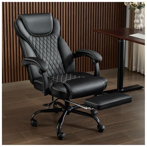 amseatec Big and Tall Office Chair with Footrest, Ergonomic Leather High Back Computer Chair Infinite Lock Reclining 90°-135°,20 Spring Packs,300lbs Executive Desk Chair for Home Office（Black）