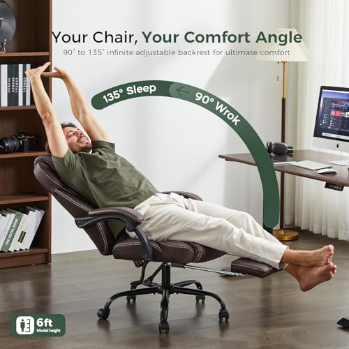 amseatec Big and Tall Office Chair with Footrest, Ergonomic Leather High Back Computer Chair Infinite Lock Reclining 90°-135°,20 Spring Packs,300lbs Executive Desk Chair for Home Office（Brown）