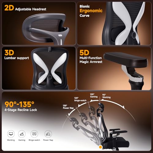 amseatec Ergonomic Mesh Office Chair with 5D Flip-Up Arms & 3D Lumbar Support, 2D Headrest, 4-Position Recline Lock, High Back Desk Chair 350lbs, Breathable Computer Chair for Home Office-Black