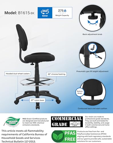 Boss Office Products B1615-BK Ergonomic Works Drafting Chair Without Arms in Black, Mid-Back