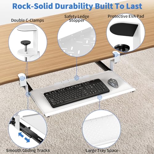Strifuture Keyboard Tray Under Desk - Full Metal Slide Out Holder, Rust-Resistant & Scratch-Proof, Double C-Clamps, 26x13" Tray for L Shape/Regular Desks, Standing/Sitting Workstation(White-A)