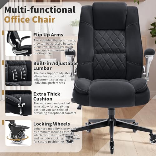 Fabric High Back Office Chair with Lockable Quiet Casters, Thick Padded Ergonomic Computer Chair- Adjustable Lumbar Support & Flip-Up Arms, Wide Executive Desk Chair for Back Pain, 400LBS Capacity