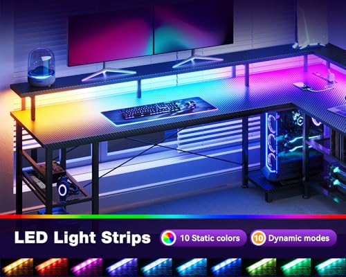 ODK 66" L Shaped Gaming Desk with Power Outlet and LED Lights, PC Gaming Table with Carbon Fiber Texture, Reversible L Shape Desk with Storage Shelves & Monitor Stand, Home Office Desk, Black