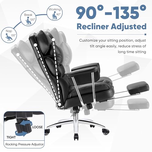 DUMOS Home Office Desk Executive Chair - Ergonomic Big Tall High Back with Footrest & Lumbar Support, Reclining Height Adjustable, Comfy PU Leather Computer Gaming with Swivel Wheels, Black