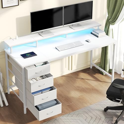 DUMOS 47 Inch Computer Desk 4 Drawers Gaming Desk Power Outlets LED Lights Office Workstation Small Spaces Monitor Shelf Writing Table Home Office Bedroom Study White