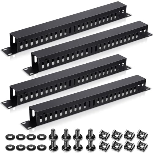 Leinuosen 4 Pcak 1U 19'' Cable Manager 24 Slot Horizontal Rack Mount Wire Management Server Rack Management Metal Finger Duct Wire Organizer with Cover and Mounting Screws for Network Cabinet