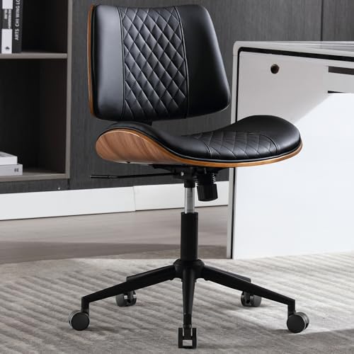 BERYTH Home Office Chair No Arms with Wheels, Adjustable Height Small Desk Chair, PU Leather Mid Back 360 Swivel Computer Chair, Armless Modern Walnut Chair for Office, Reading Meeting Room(Black)