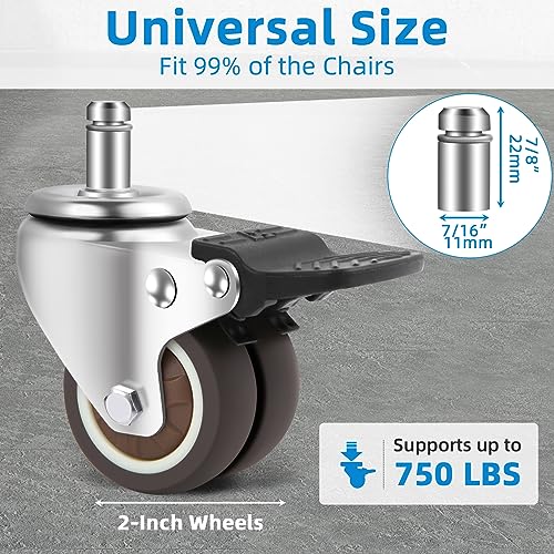 W B D WEIBIDA Office Chair Wheels with Brake Set of 5 Rubber Replacement Caster for Chair Wheels 2 Inch Heavy Duty Universal Wheel for Work, Desk and Gaming Chair Safe for All Floors