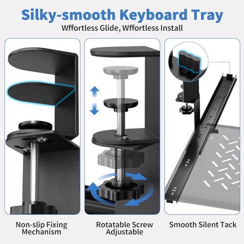 Strifuture Keyboard Tray Under Desk - Full Metal Slide Out Holder, Rust-Resistant & Scratch-Proof, 26x13" Tray, Double C-Clamps for L Shape/Regular Desks, Standing/Sitting Workstation(Black-A)