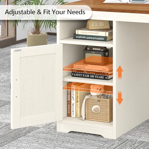 TVU Farmhouse Computer Desk with Drawers, 65'' Home Office Desk with Power Outlets, Storage Cabinet and Printer Stand, Study Writing Desks with Long Monitor Stand, Brown and White