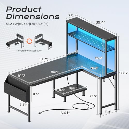 PRAISUN 51.2" L Shaped Gaming Desk with Power Outlets & USB-C Port, LED Lights, Computer Desk with Pegboard, Corner Desk with Storage Shelves & Bag, Office Desk with CPU Stand for Home Office, Black