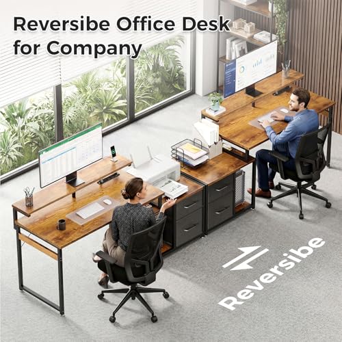 AODK Computer Desk with Printer Storage Shelf, 56 Inch Office Desk with Drawers & Power Outlet, Reversible Desk Space-Saving Workstation with Individual PC Stand, Rustic Brown