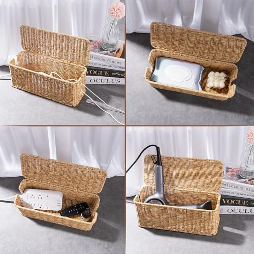 Cable Management Box, Handmade Rattan Cable Organizer with 2 Open Slots, Cord Hider for Power Strip, Router & USB Hub, Registered U.S. Design Patent (D1,112,102), 13" x 5.1" x 5.1", Natural