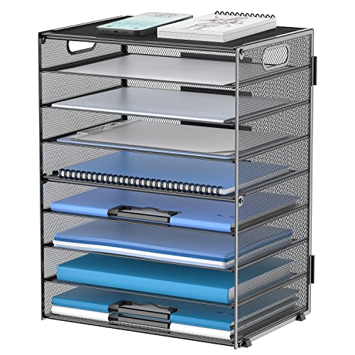 DALTACK 9-Tier Paper Organizer for Desk, Mesh Letter Tray Desk Organizer with Handles, Space-Saving File Organizer for Office Home School Classroom, Black