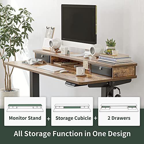 FEZIBO 48 x 24 Inch Height Adjustable Electric Standing Desk with Double Drawer, Stand Up Table with Storage Shelf, Sit Stand Desk, Rustic Brown