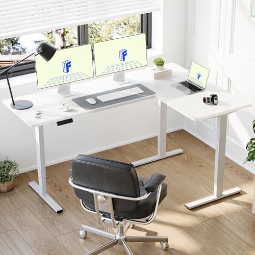 FLEXISPOT Electric Height Adjustable Standing L Shaped Corner 3 Legs Ergonomic Sit Stand Desk Frame for Home and Office, White