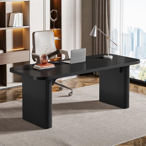 Tribesigns 62-Inch Modern Executive Desk, Wood Office Desk, Large Aesthetic Computer Desk with Double Pedestal, Workstation for Home Office (Black)