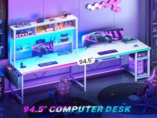 SEDETA White L Shaped Gaming Desk, Reversible Corner With Power Outlet and Pegboard, Hutch, Storage Shelf, Keyboard Tray, and LED Lights for Home Office