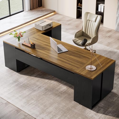 Tribesigns 85.8-Inch L-Shaped Executive Office Desk with File Drawers & Storage Cabinet, Professional Corner Computer Desk Extra Large Business Workstation with Adjustable Shelves (Brown&Black)